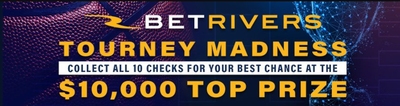 ad for BetRivers March Madness Tourney NCAA Men's Basketball Tournament Sports betting Promo. 1000 lucky winners will score big with bonus cash prizes of $25-$10,000 after completing fun challenges in BetRivers Sports NCAA March Madness Tourney.